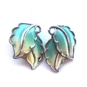 Silver Double Leaf Design Clip-on Earrings in Aqua and Cream